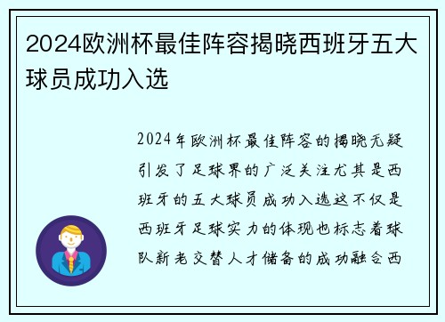 2024欧洲杯最佳阵容揭晓西班牙五大球员成功入选